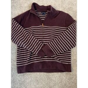 Lands End Sweater Mens Striped Large 42-44 Maroon Pullover Quarter 1/4 Zip
